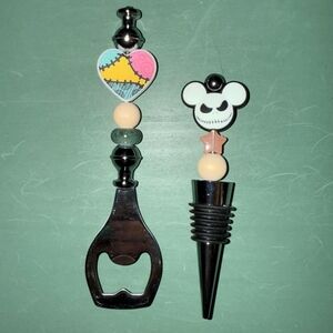 Handmade Jack Skeleton Wine Stopper and Sally Heart Bottle Opener Set